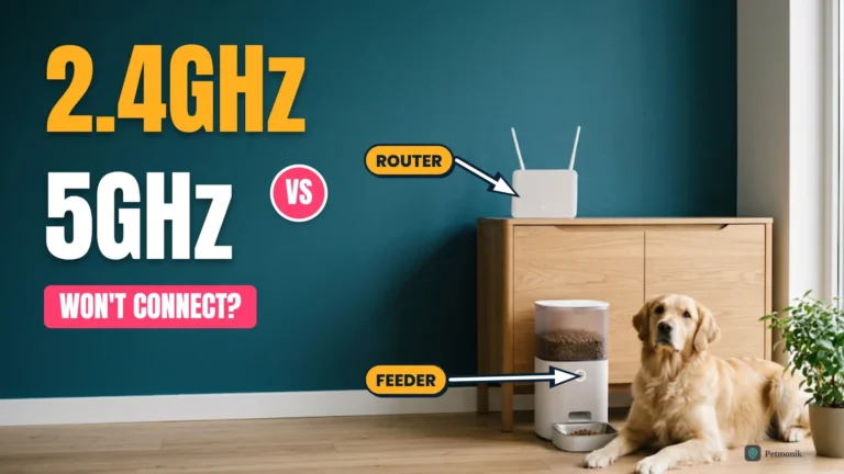 White Wi-Fi router on an oak sideboard next to a smart pet feeder with a golden retriever, against a teal wall, with 2.4GHz vs 5GHz title
