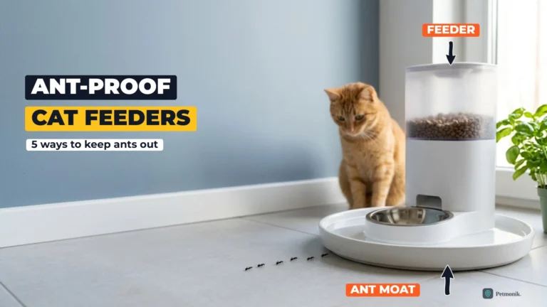 White automatic cat feeder standing in a wide water moat tray with a line of ants stopped at its edge and a ginger cat watching, on a tiled floor