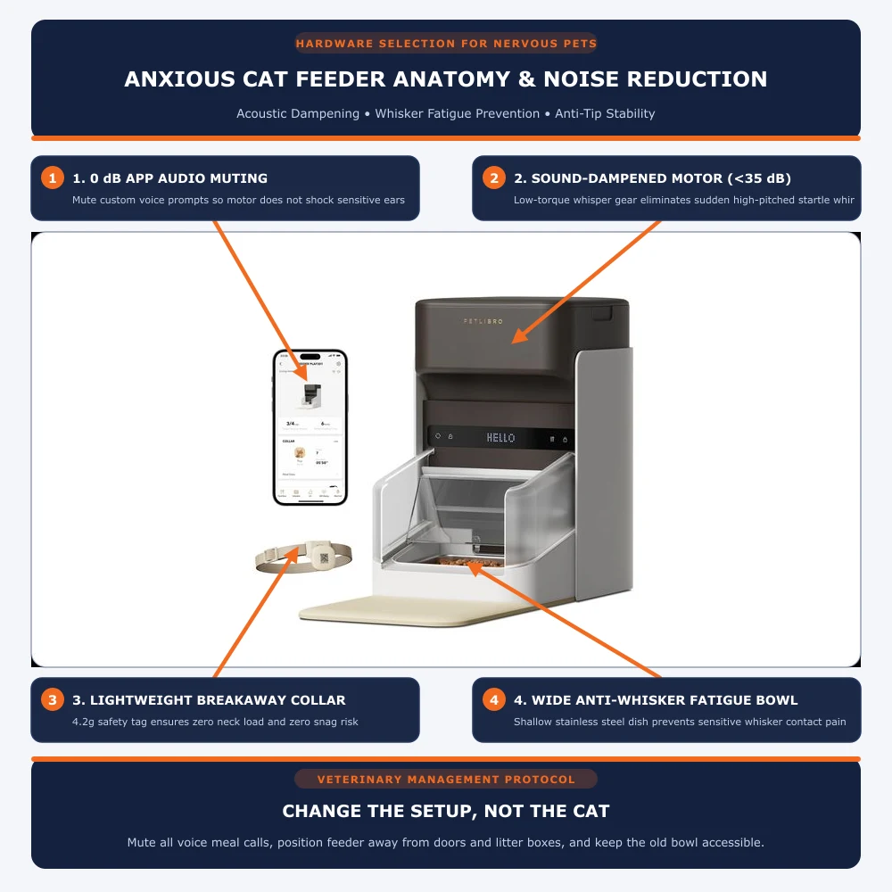 Automatic pet feeder hardware anatomy for nervous cats showing sound-dampened motor, 0 dB audio muting, lightweight breakaway collar, and wide stainless steel bowl