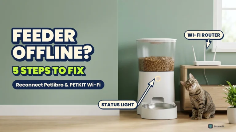 White automatic pet feeder with an amber status light beside a Wi-Fi router, with a tabby cat tilting its head, against a pine-green wall