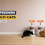 Three cats, black, ginger and grey tabby, each eating from its own white automatic feeder in a row against a blush-pink wall