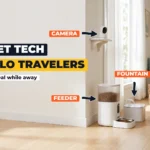 Smart pet feeder, water fountain and home camera in a bright living room with a ginger cat and a packed suitcase by the door