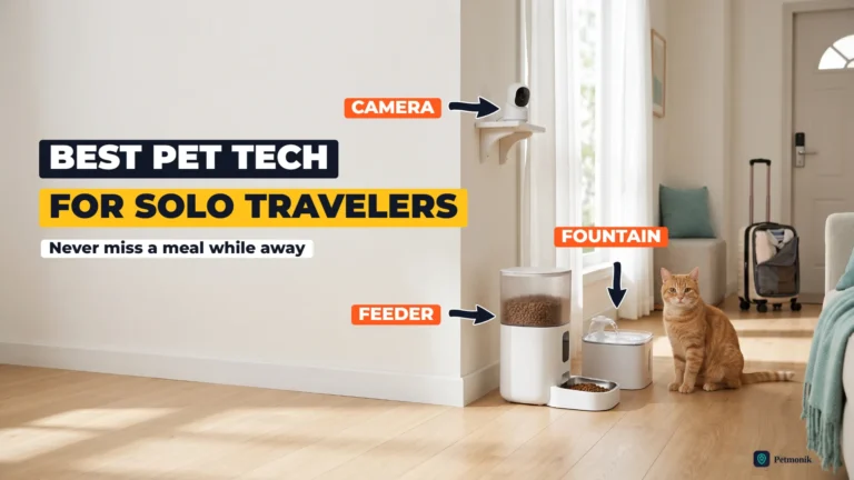Smart pet feeder, water fountain and home camera in a bright living room with a ginger cat and a packed suitcase by the door