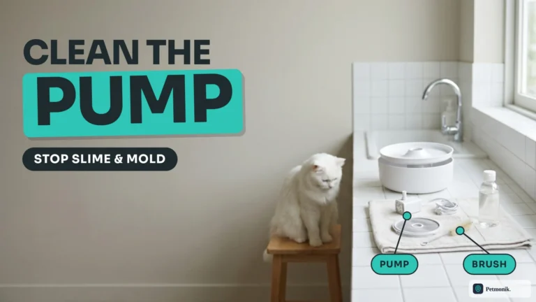 Disassembled pet water fountain pump, filter and brush laid out on a towel on a tiled counter with a white cat on a wooden stool, against a greige wall