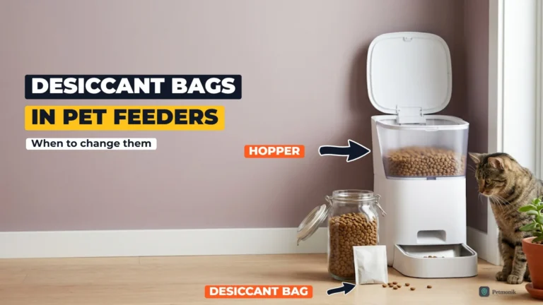 White automatic pet feeder with its lid open beside a glass kibble jar and a small white desiccant packet on the floor, with a tabby cat looking on