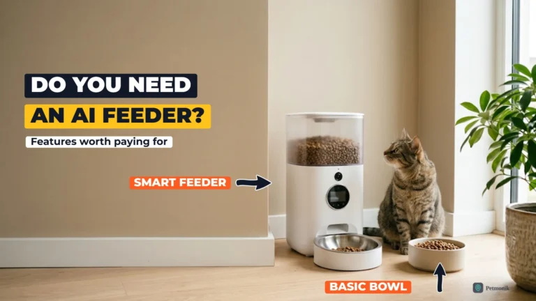 White smart pet feeder with a camera and display beside a plain ceramic bowl, with a tabby cat looking at them in a sunlit living room corner