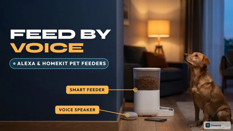White smart pet feeder with a small smart speaker and a phone beside it on a wooden floor and a Labrador-type dog looking up at it, against a navy blue wall