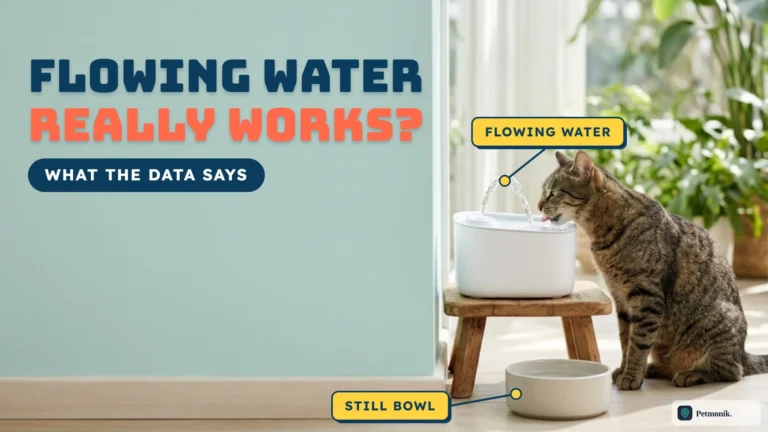 Tabby cat drinking from a white pet water fountain on a wooden stool with a ceramic still-water bowl on the floor, against a seafoam wall