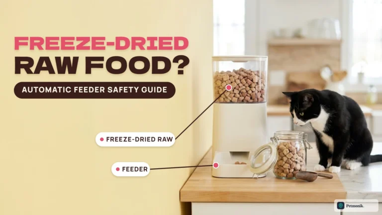 Automatic pet feeder filled with freeze-dried raw nuggets next to a glass jar of the same nuggets, with a tuxedo cat on a wooden kitchen counter, against a butter-yellow wall