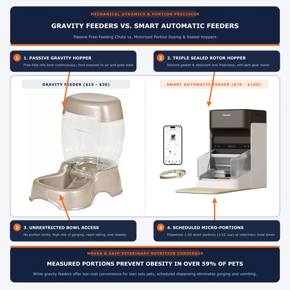 Comparative technical diagram of gravity feeder versus smart automatic feeder showing passive hopper, triple sealed rotor hopper, unrestricted bowl access, and scheduled micro-portions