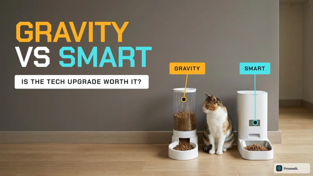 Clear gravity pet feeder and a white smart feeder with a display side by side with a calico cat sitting between them, against a taupe wall