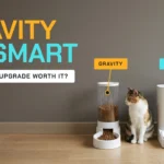 Clear gravity pet feeder and a white smart feeder with a display side by side with a calico cat sitting between them, against a taupe wall