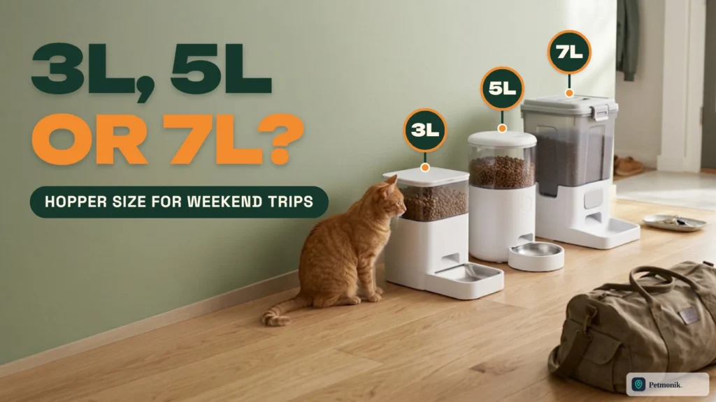 Three white automatic pet feeders of different sizes lined up on a wooden floor with a ginger cat looking at the smallest one and a travel duffel bag nearby, against a sage green wall