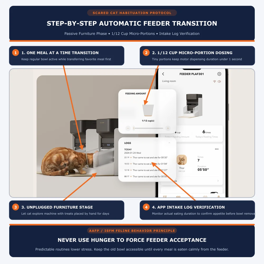Step-by-step automatic feeder transition protocol for scared cats showing 1/12 cup micro-portion dosing, unplugged exploration, and app intake log verification