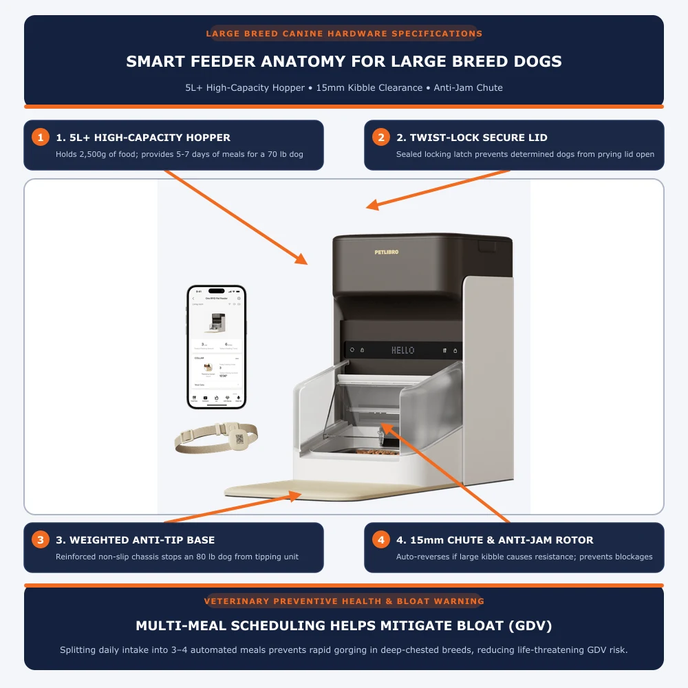 Technical hardware anatomy of a smart pet feeder for large breed dogs showing 5L high-capacity hopper, 15mm large kibble chute clearance, twist-lock lid, and weighted base