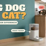 White smart pet feeder on a kitchen floor with a golden retriever lying nearby and a tabby cat eating on the counter, against a teal wall