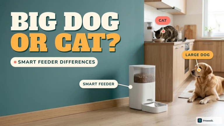White smart pet feeder on a kitchen floor with a golden retriever lying nearby and a tabby cat eating on the counter, against a teal wall