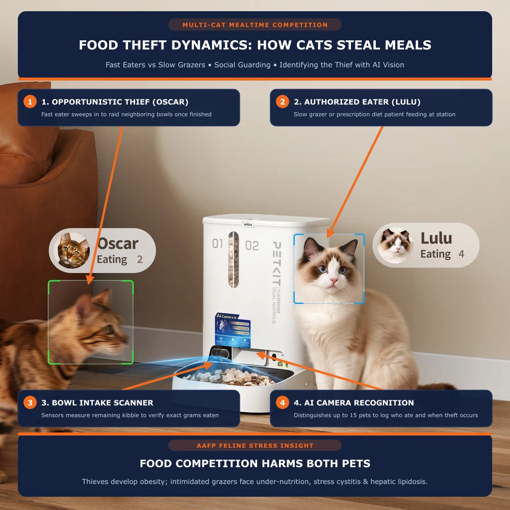 PETKIT YumShare smart pet feeder using AI facial recognition to identify authorized cat eating at bowl while tracking approaching opportunistic thief cat