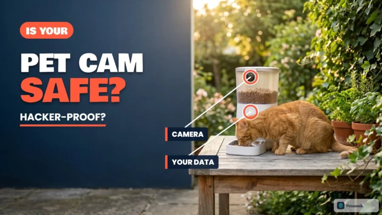 White smart pet feeder with a built-in camera on a garden table with a ginger cat eating, labeled camera and your data, asking whether a pet cam is safe