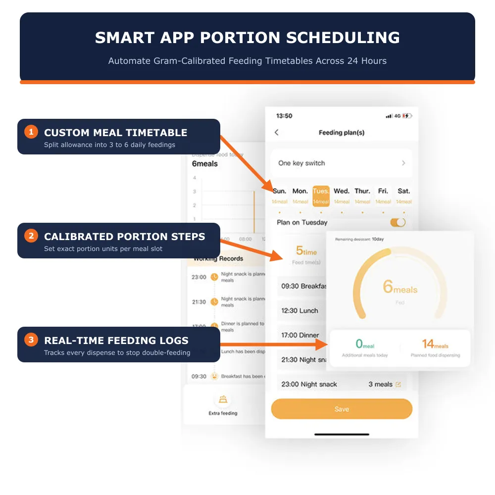 PETKIT smartphone app interface showing automated feeding plan timetable, custom portion size settings, and real-time dispense logging records