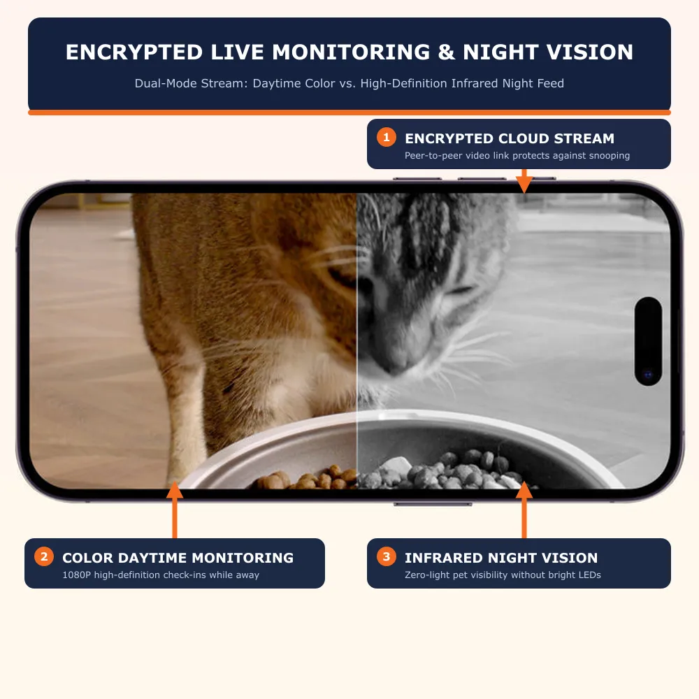 Smartphone screen displaying PETKIT feeder live stream comparing daytime color monitoring against high-definition infrared night vision feed