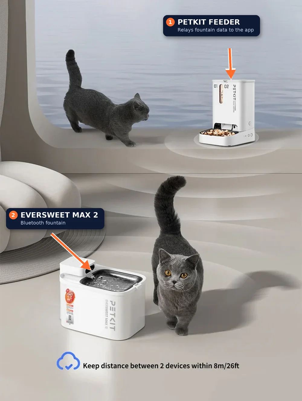 PETKIT EverSweet Max 2 Bluetooth fountain in a living room with a PETKIT feeder in the background, labelled as the device that relays fountain data to the app