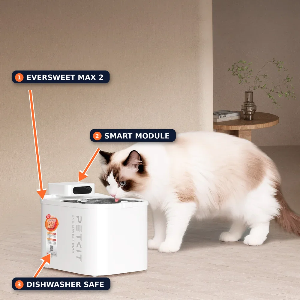 PETKIT EverSweet Max 2 smart water fountain with a cat drinking, the smart module on top and the dishwasher-safe sticker labelled