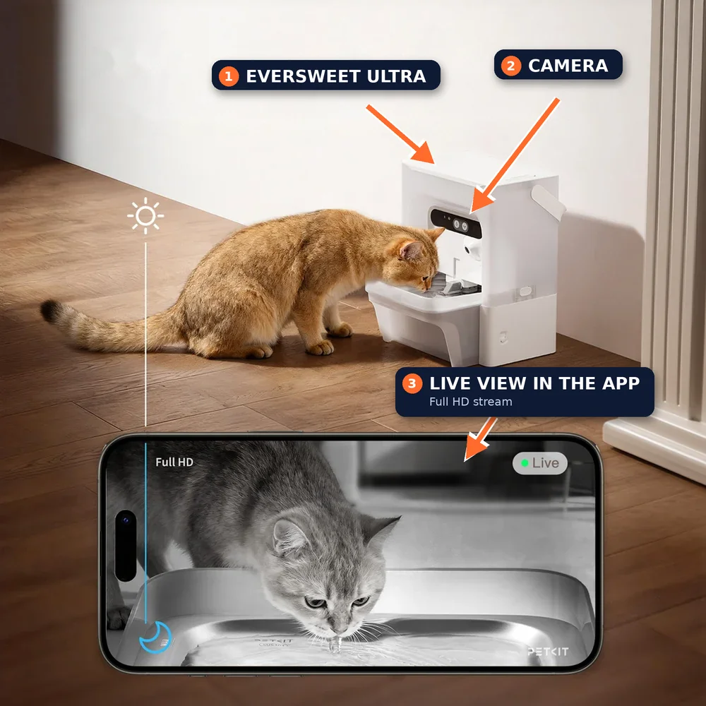 PETKIT EverSweet Ultra fountain with a built-in camera and a phone showing the live view of a cat drinking