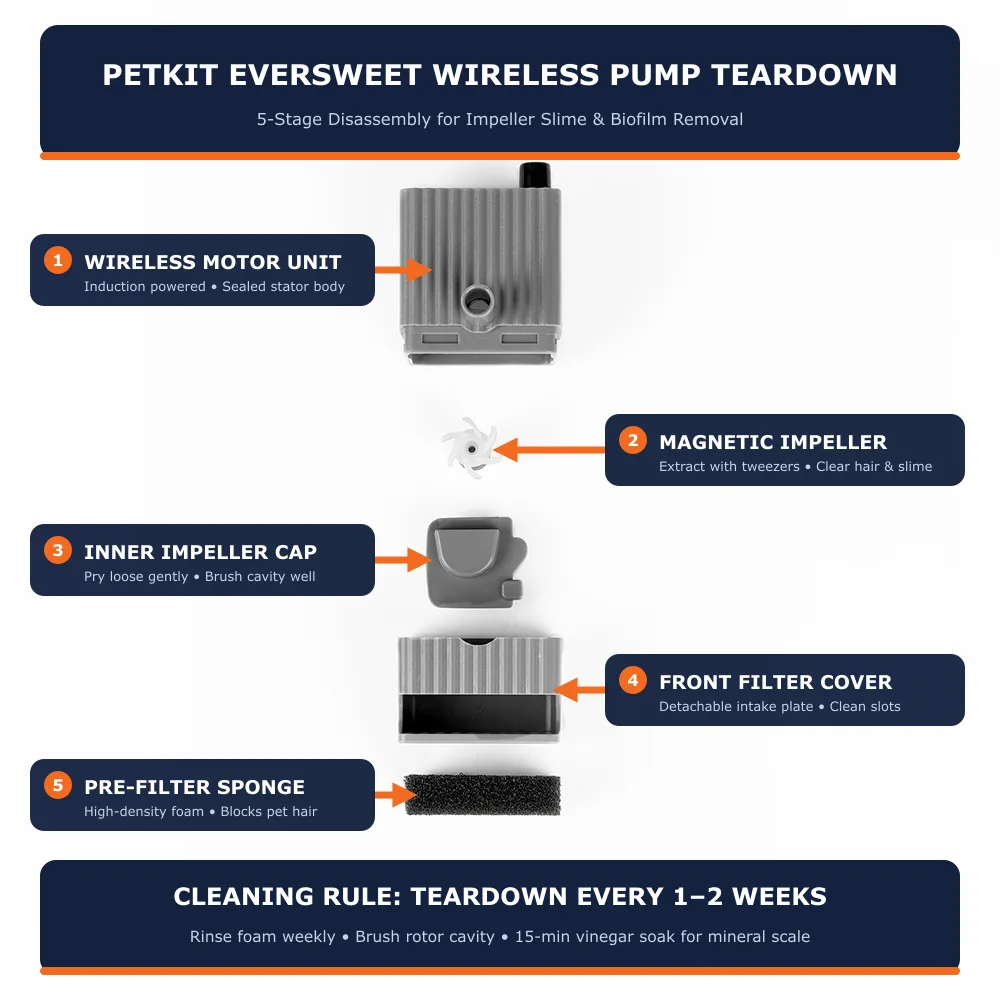 PETKIT Eversweet wireless pet fountain pump exploded teardown showing motor housing, magnetic impeller rotor, inner cap, front filter cover, and pre-filter foam sponge