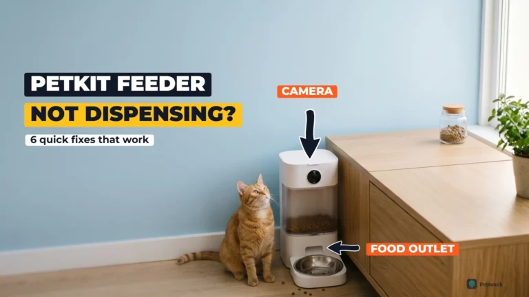 White smart pet feeder with a camera on top and an empty food bowl, with a ginger cat looking up at it in a kitchen with a powder-blue wall
