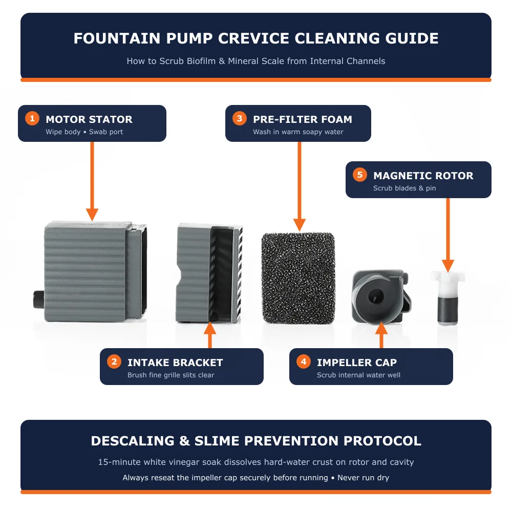 Horizontal component layout of smart pet fountain pump showing motor stator, intake bracket, pre-filter foam, impeller cap, and magnetic rotor with descaling protocol