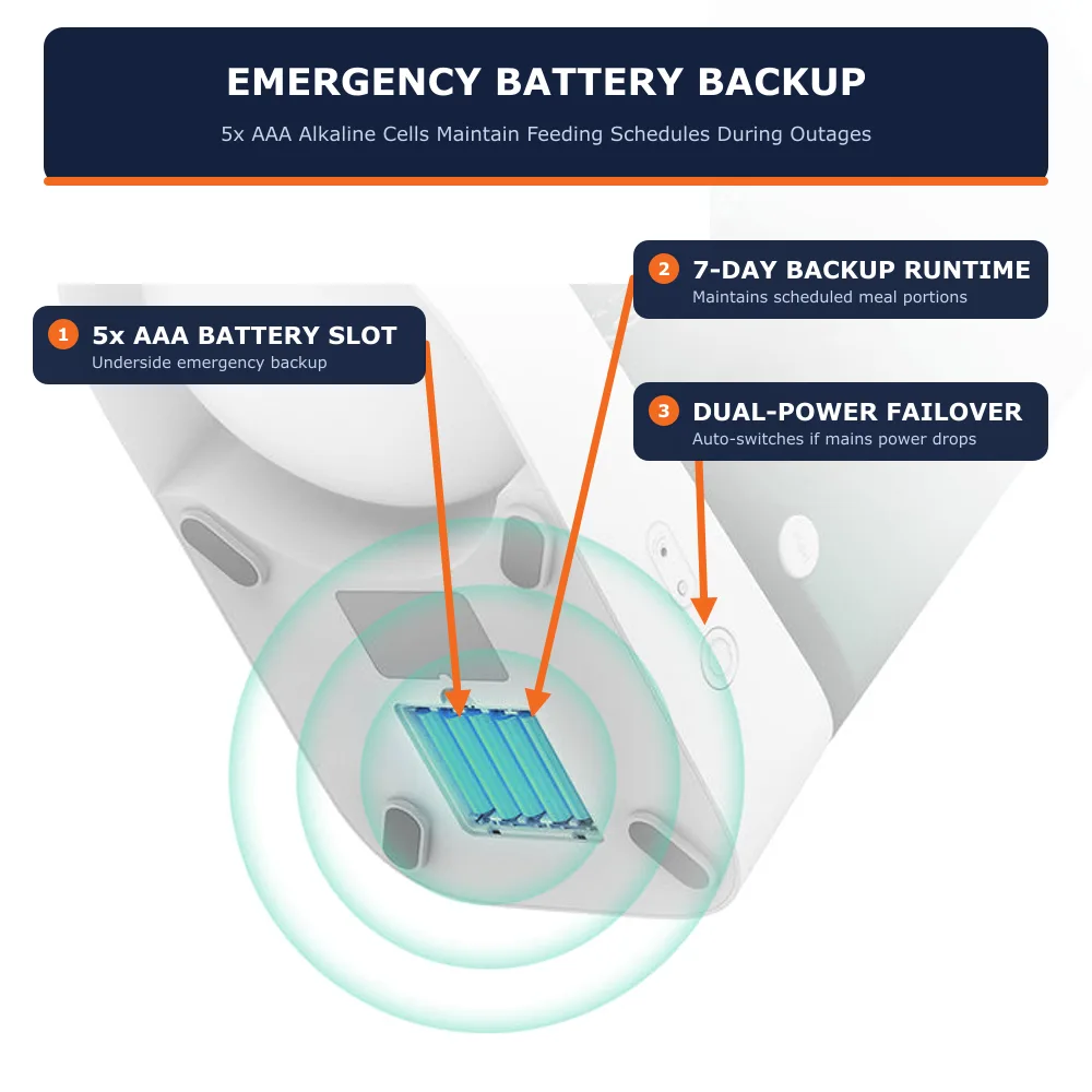 PETKIT Fresh Element Solo smart feeder underside view showing 5x AAA alkaline emergency battery backup compartment and dual-power failover system