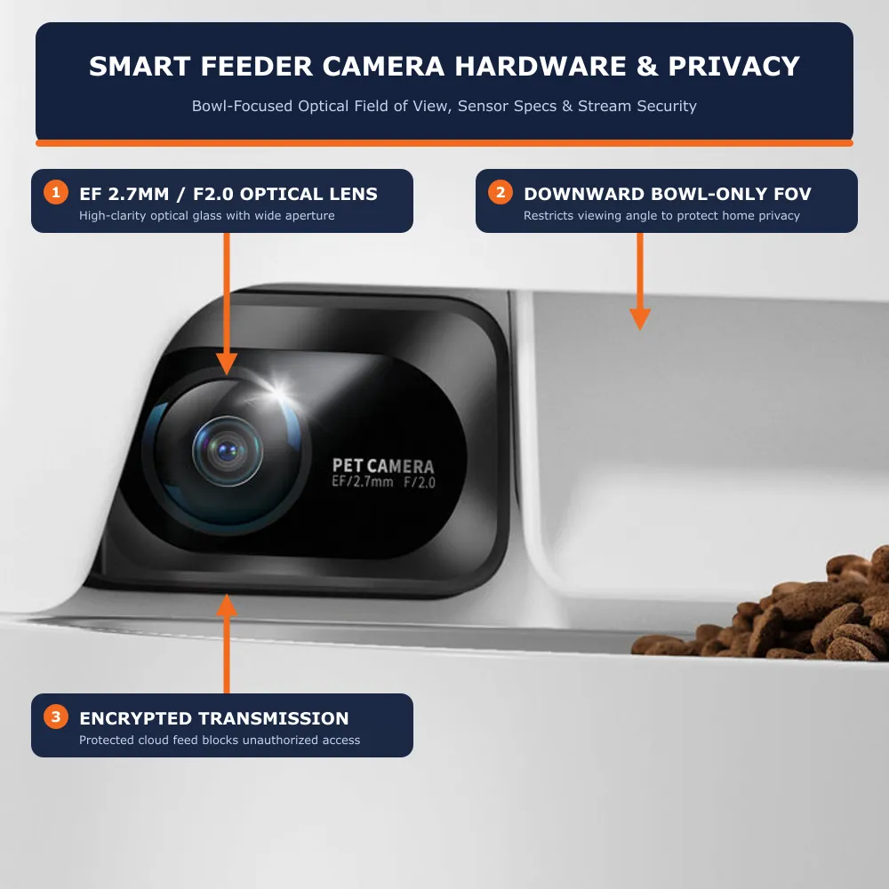 PETKIT smart feeder optical camera macro view showing EF 2.7mm F2.0 lens, downward bowl-focused field of view, and encrypted stream transmission hardware