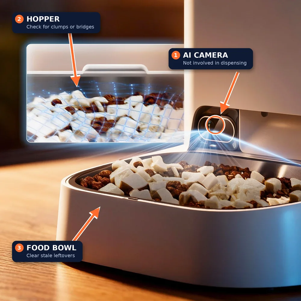 Close-up of a PETKIT YumShare Dual-hopper 2 showing the hopper, AI camera and food bowl to check when it stops dispensing