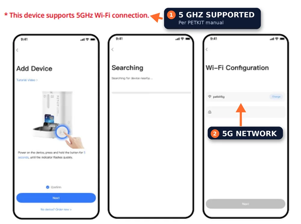 PETKIT manual page for the YumShare Dual-hopper 2 with camera stating 5GHz Wi-Fi support, with three app setup screens and the 5G network labelled