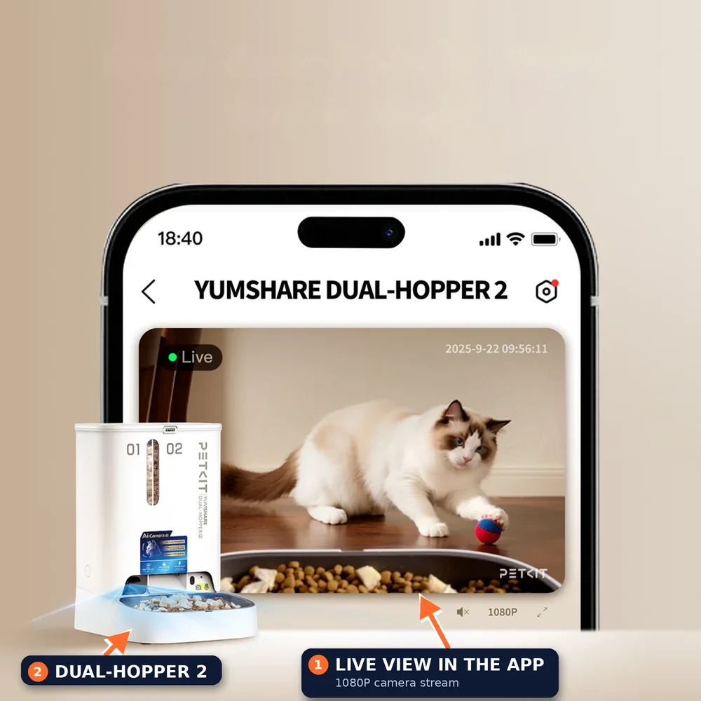PETKIT app live camera view of a cat on a phone screen beside the YumShare Dual-hopper 2 feeder