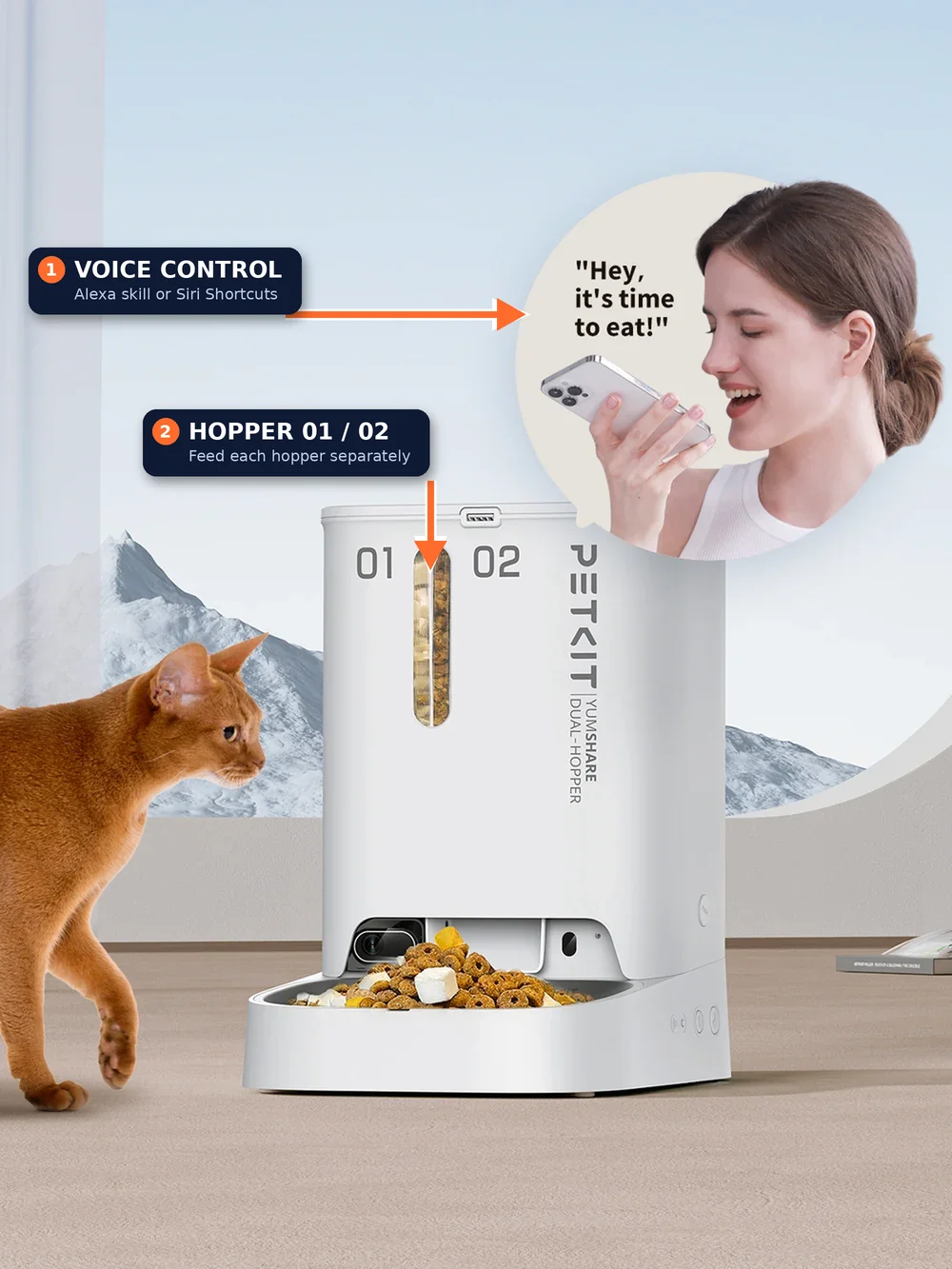 PETKIT YumShare Dual-hopper feeder with a cat and a woman giving a voice command to her phone, hoppers 01 and 02 labelled