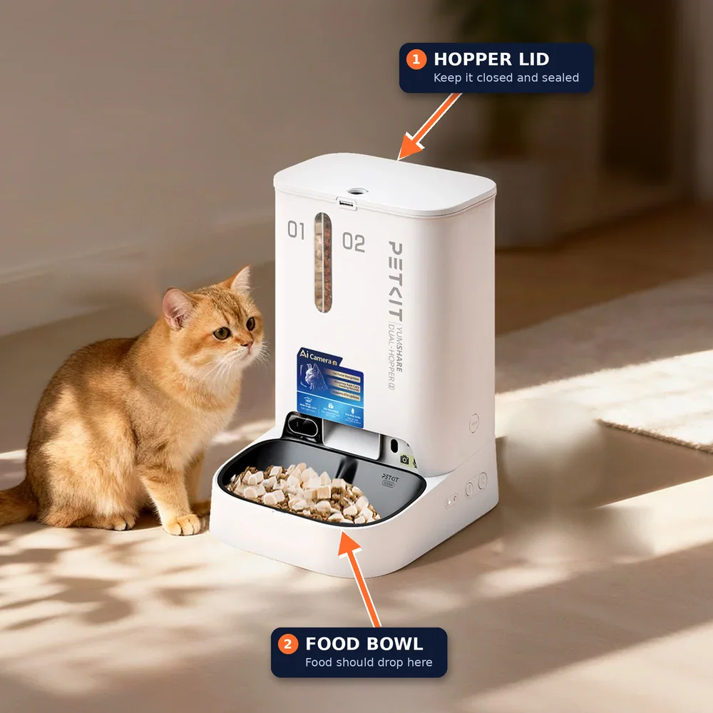 PETKIT YumShare Dual-hopper 2 next to a cat with the hopper lid and food bowl labelled
