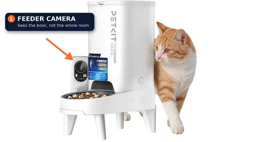 PETKIT YumShare Solo 2 feeder with a built-in camera pointed at the bowl and a cat beside it, feeder camera labelled