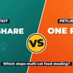 Comparison graphic: PETKIT YumShare versus Petlibro One RFID, which smart feeder stops multi-cat food stealing