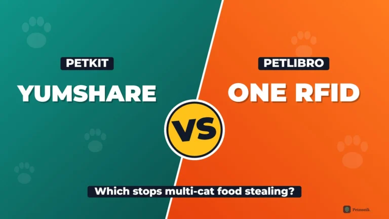Comparison graphic: PETKIT YumShare versus Petlibro One RFID, which smart feeder stops multi-cat food stealing