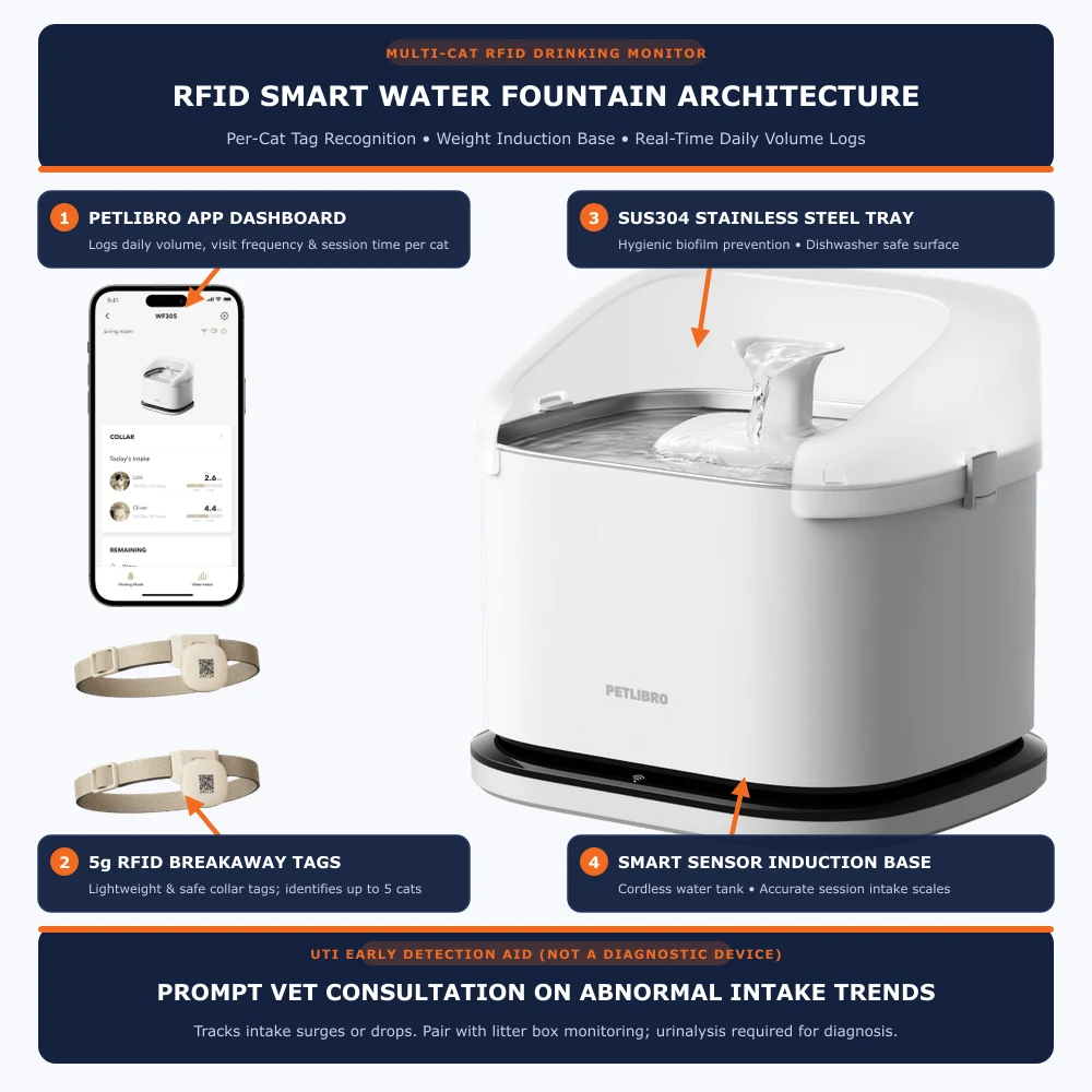 PETLIBRO Dockstream RFID smart water fountain system architecture showing induction base, breakaway collar tags, SUS304 stainless tray, and mobile app per-cat drinking logs