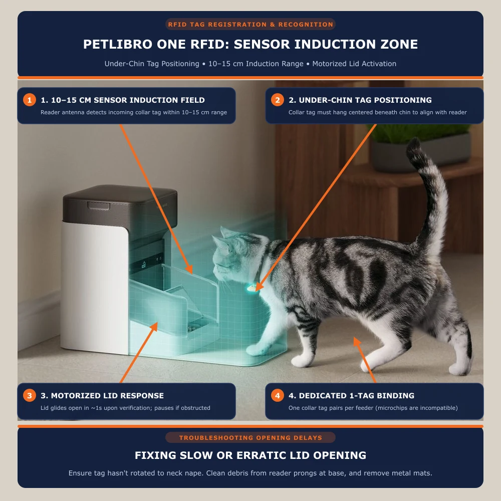Cat wearing glowing RFID collar tag under chin approaching PETLIBRO One RFID smart feeder with 10 to 15 cm cyan antenna induction zone and motorized lid opening