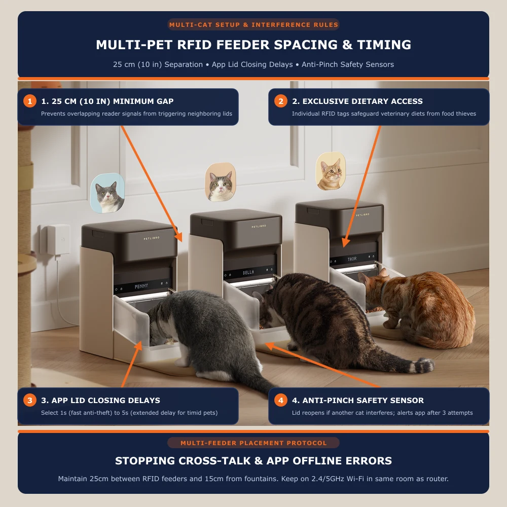 Three cats eating side by side from three spaced PETLIBRO One RFID smart pet feeders with personalized LED pet names showing 25 cm separation and anti-theft lid closing delays