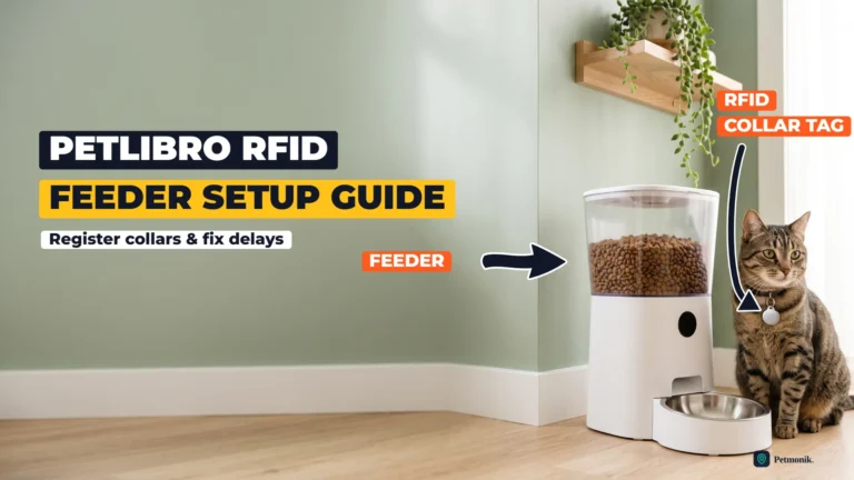 White automatic pet feeder with a full food hopper beside a tabby cat wearing a collar with an RFID tag, against a sage green wall