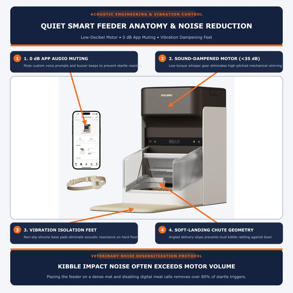 Quiet smart feeder hardware anatomy showing 0 dB app audio muting, sound-dampened motor under 35 dB, vibration isolation silicone feet, and soft-landing chute geometry