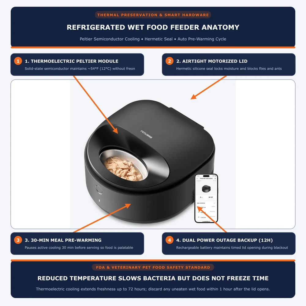Technical diagram of refrigerated wet food automatic feeder showing thermoelectric Peltier cooling module, airtight motorized lid, 30-min pre-warming cycle, and battery backup