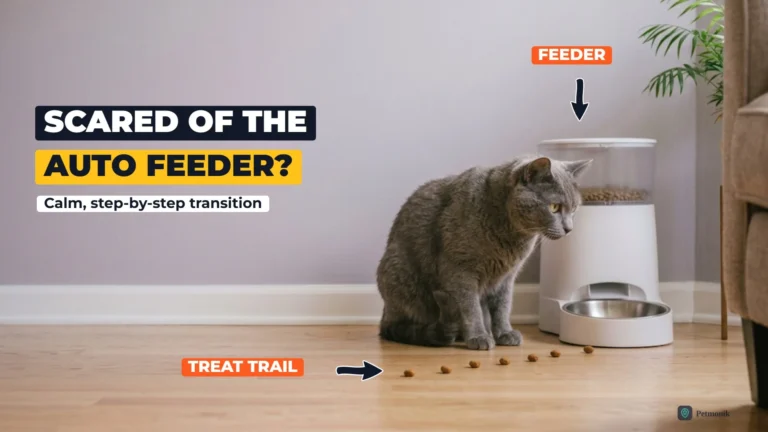 Grey cat sitting cautiously beside a white automatic pet feeder, with a trail of treats on the floor leading toward the bowl, against a lavender wall