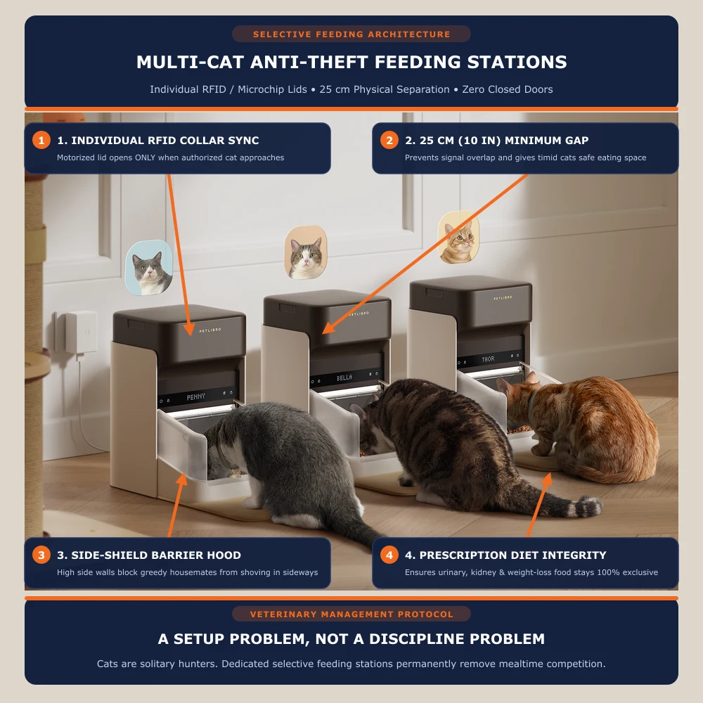 Three cats eating side by side from three spaced PETLIBRO One RFID smart pet feeders with personalized LED pet names showing 25 cm separation and side barrier hoods
