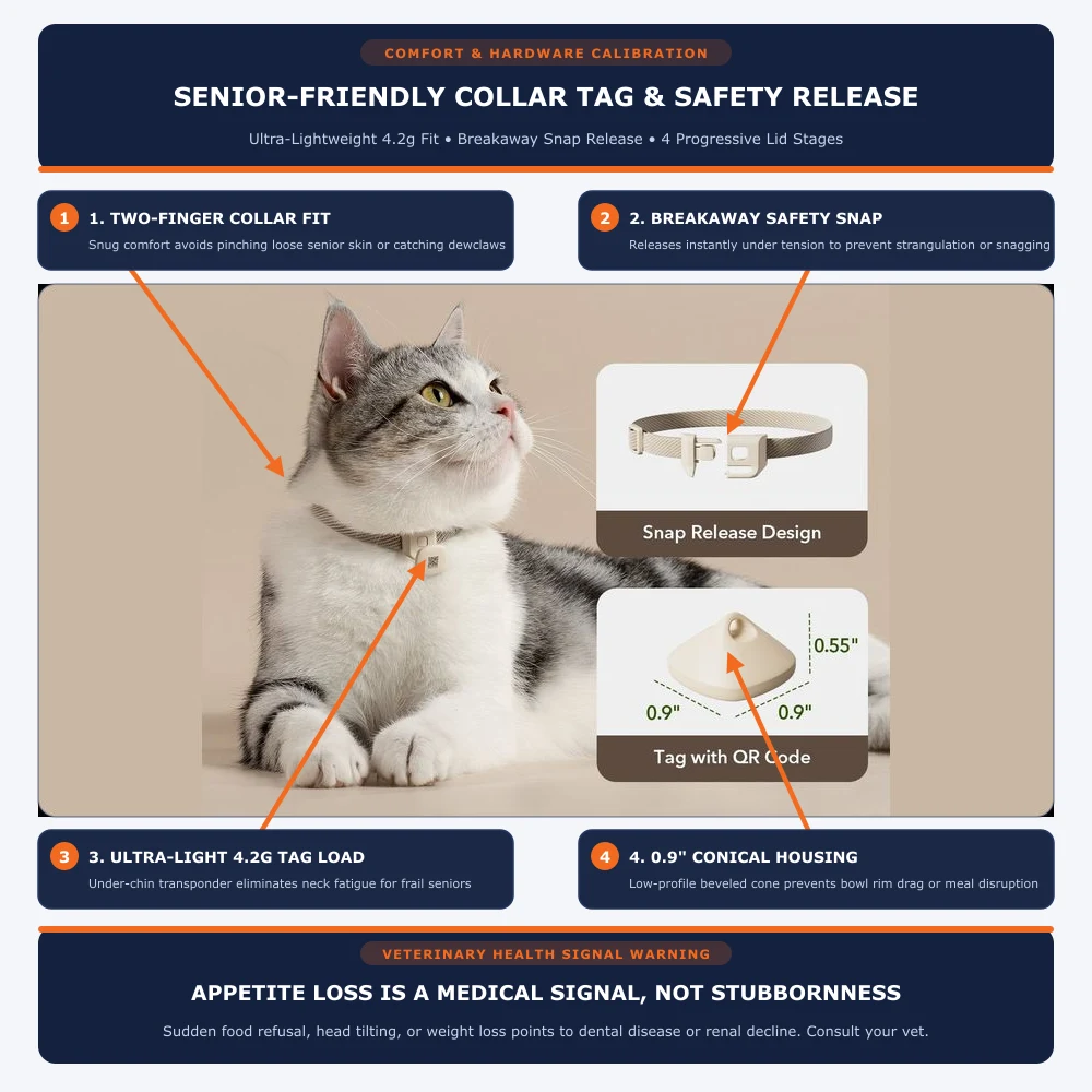 Senior cat resting comfortably wearing lightweight 4.2g RFID collar tag with breakaway safety release buckle and compact 0.9 inch conical tag dimensions